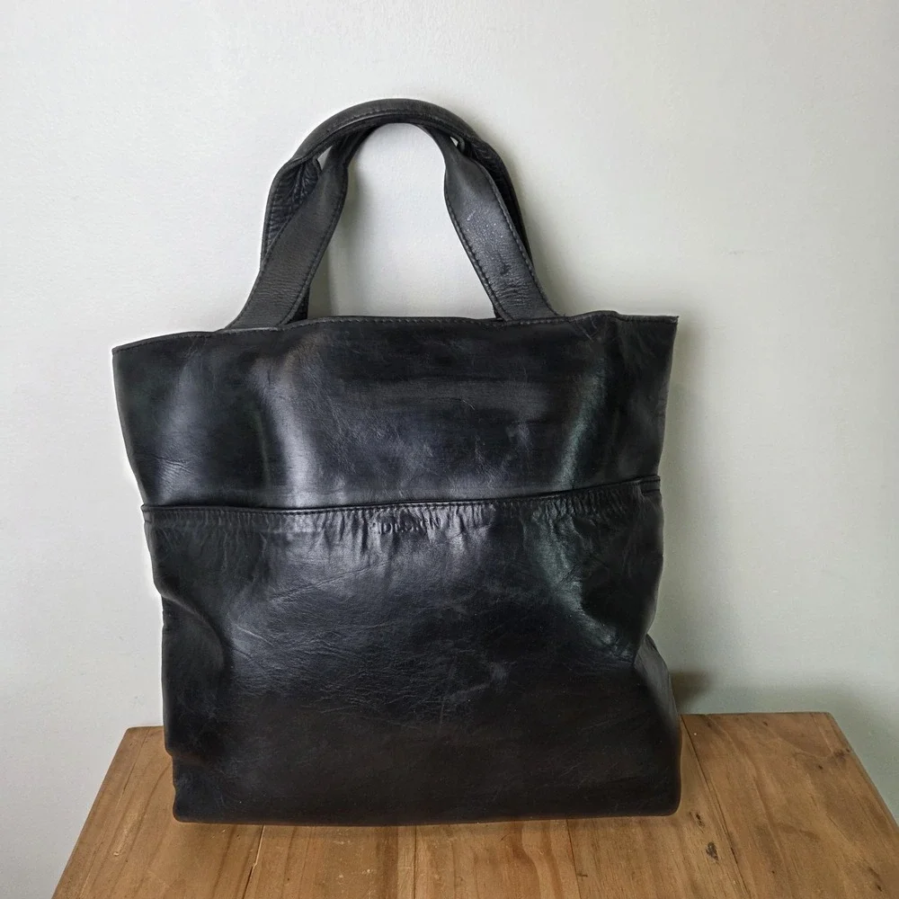 Hidesign Black Leather Tote Bag Shoulder Purse Large Satchel Convertible...
